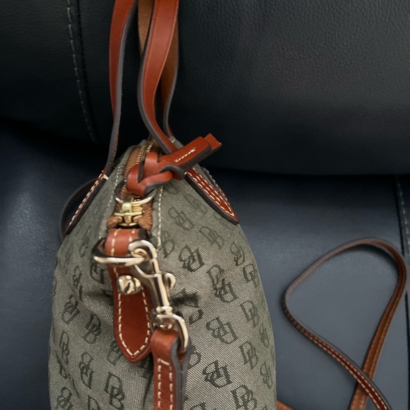 AUTHENTIC Dooney & Bourke Brown and Hunter Green Monogram Satchel - Picture 6 of 13